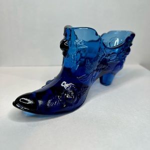 Vintage Fenton Cobalt Blue Glass Slipper. Floral Design.